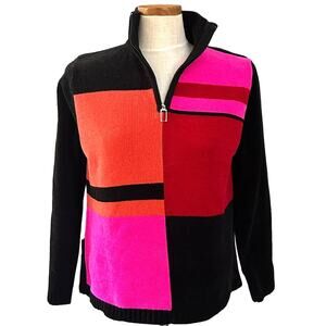 Vintage Karen Scott Chenille Colorblock Quarter Zip Sweater M Pink Orange Y2K